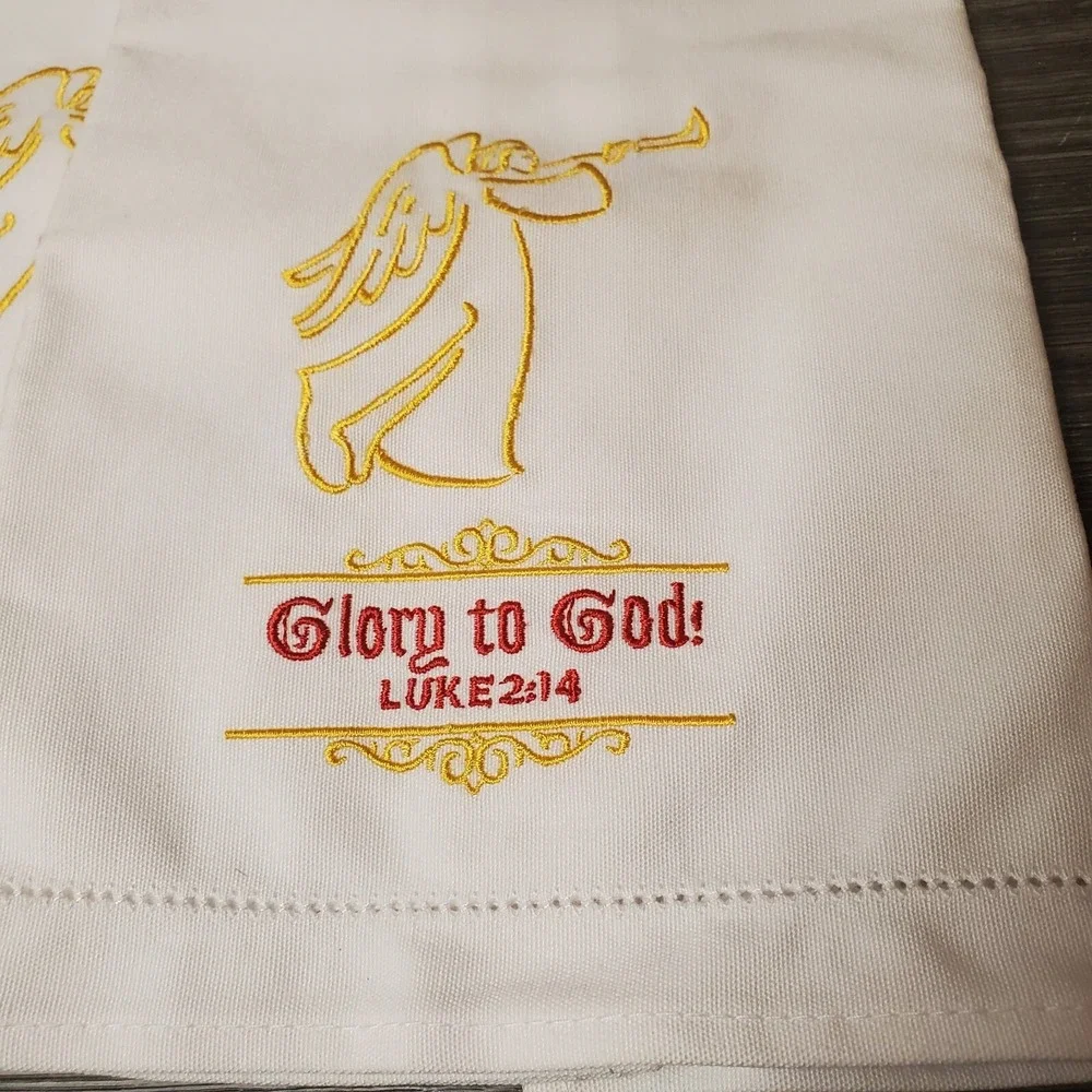 Christmas Angel Glory To God Luke 2:14 Tea Towel Set 2 Pair Matching Embroidered